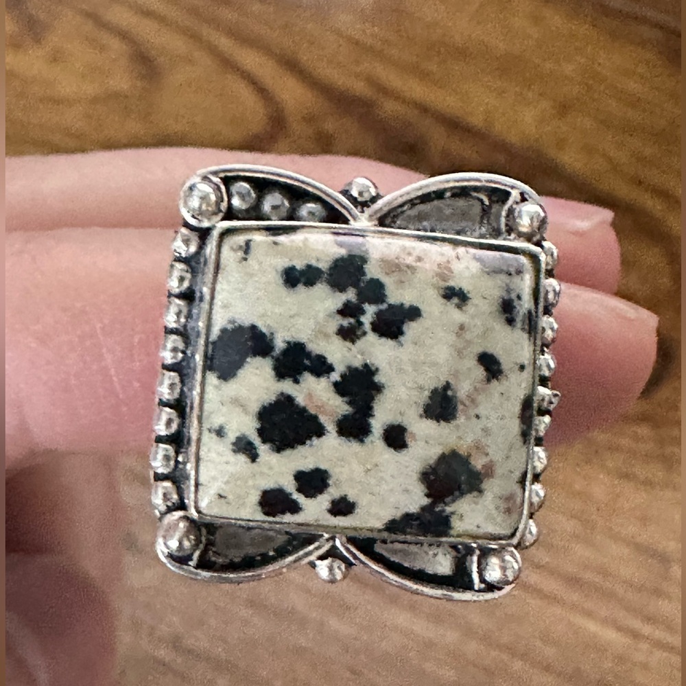 Dalmatian Jasper ring 925 sterling silver - size 8.5
